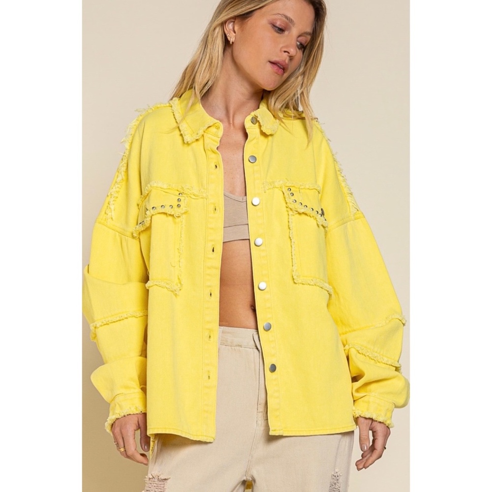 POL Yellow Raw Edge Reverse Seam Denim Shacket